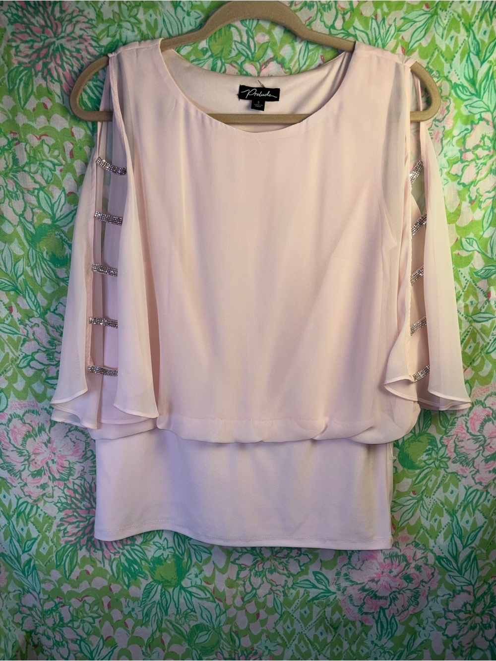 Blush Pink Cold-Shoulder Rhinestone Sleeve Women's Top